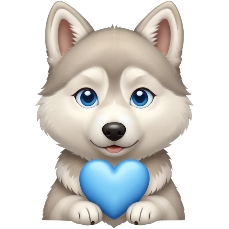 Beige husky with blue eyes holding a blue heart emoji