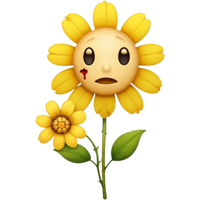 A yellow sad emoticon holding a rotten flower emoji