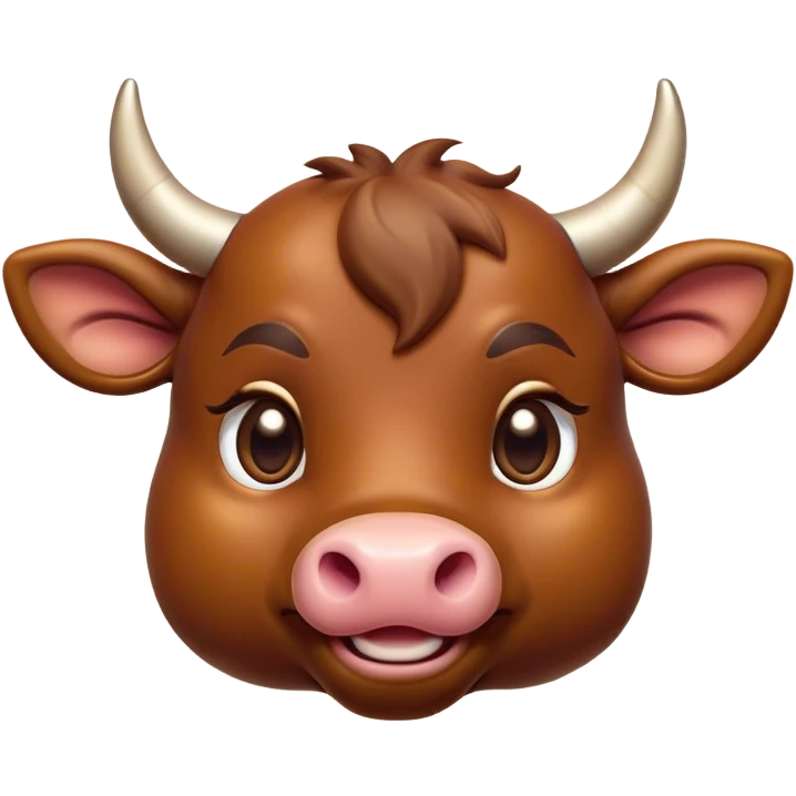 Cinematic Cute Brown Bull Portrait Emoji, Head tilted playfully and inquisitively, featuring a glossy, robust brown hide with a natural sheen, round, sparkling dark eyes filled with gentle curiosity, Simplified yet irresistibly adorable features, highly detailed, glowing with a warm, friendly glow, high shine, affectionate and imposing, stylized with a touch of rugged charm, bright and endearing, soft glowing outline, capturing the essence of a mischievous yet loving bull, so playful it feels like it could stomp out of the screen and into your arms! emoji