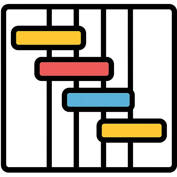 minimal Gantt chart with colored bars and grid, color outline emoji