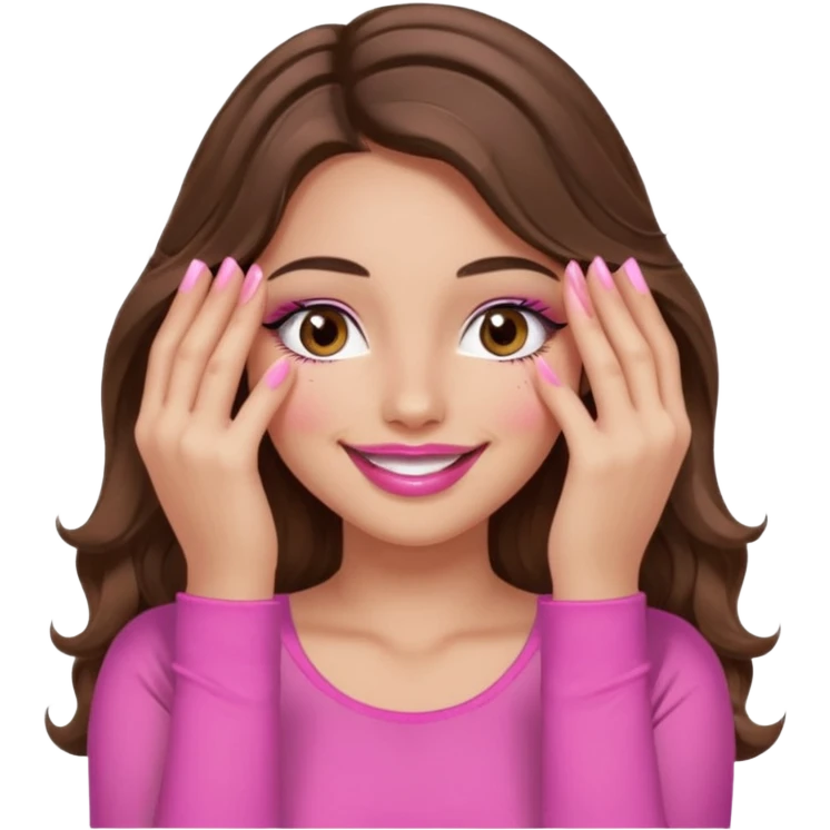 girl with long wavy brown hair, brown eyes, long lashes, sexy pink lips, light to medium complexion, wearing a pink sexy top, smiling, hands covering over the eyes emoji