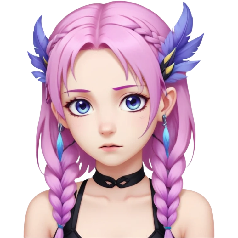 Gorgeous anime lady long-pale-pastel-pink-hair with one braid on each side, grumpy expression, purple-pink feather-ear-cuffs in hair, black bodysuit, blue eyes, pink iris, ethereal, fantasy, emoji