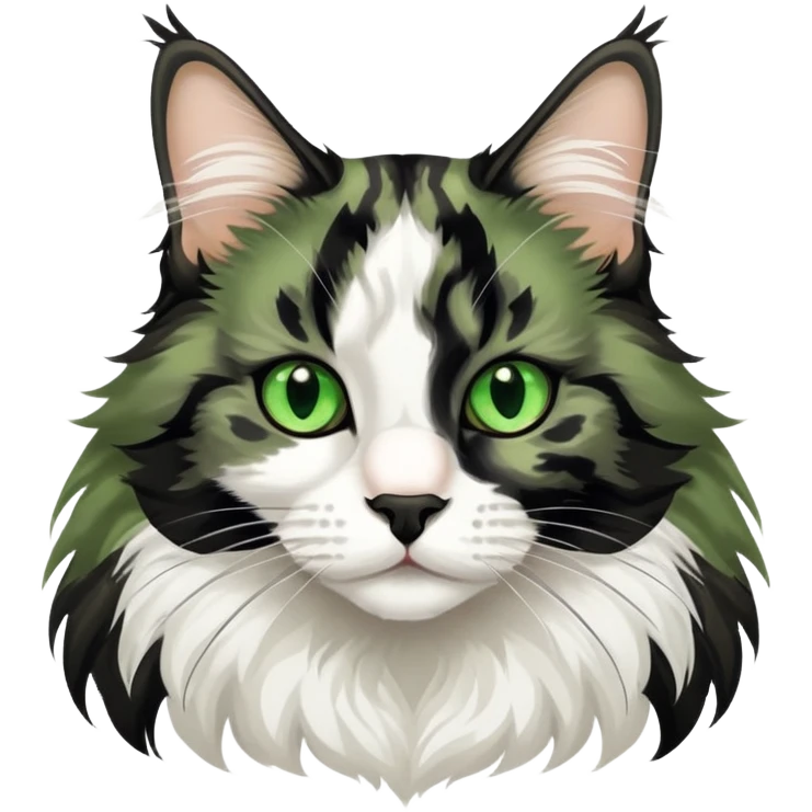 green eyed tuxedo maine coon with a black spot on the right of her nose with  emoji