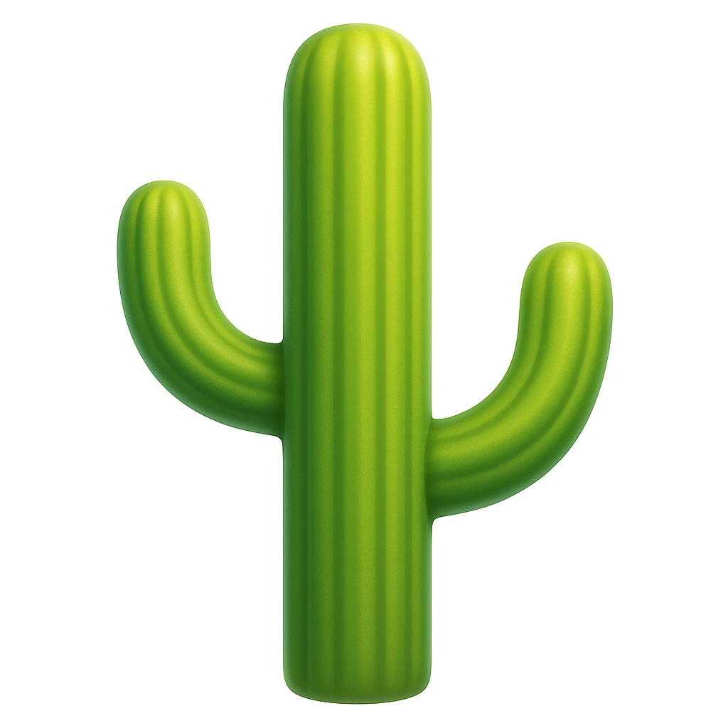 Create a cactus emoji that looks exactly like the reference image in iOS emoji style. The emoji should have 3D appearance, shiny surface, smooth gradients, soft shadows, and a realistic cactus shape with a classic emoji look. emoji