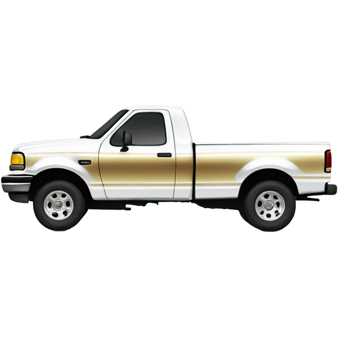 side view of a 1995 f150 short bed single cab ford f150 white with thick gold stripe at the bottom and big chrome silver rims  emoji