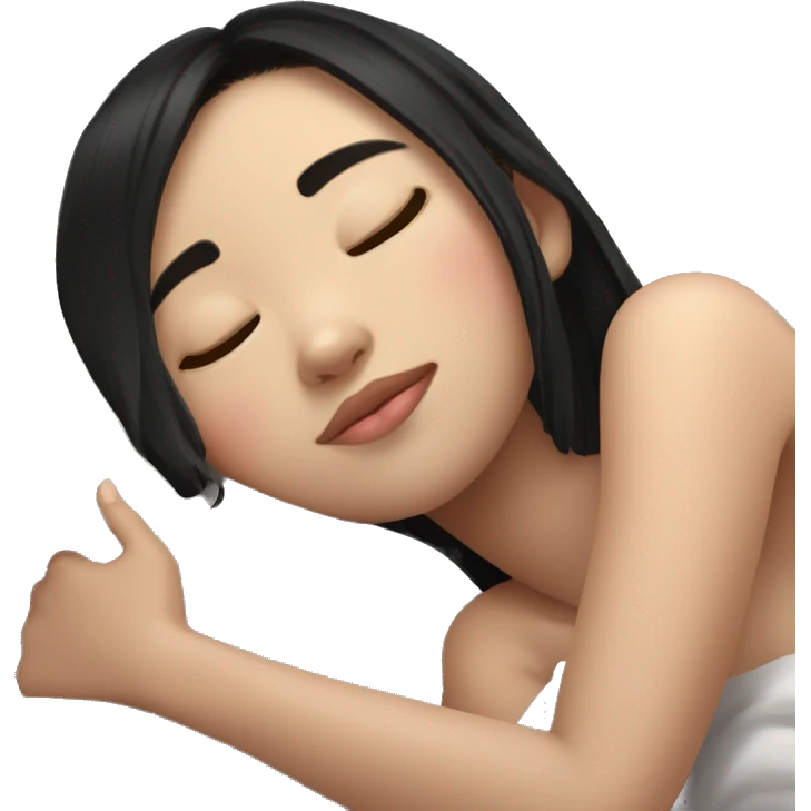 teenage cute girl asian black hair sleeping in a comfy white pillow at peace emoji
