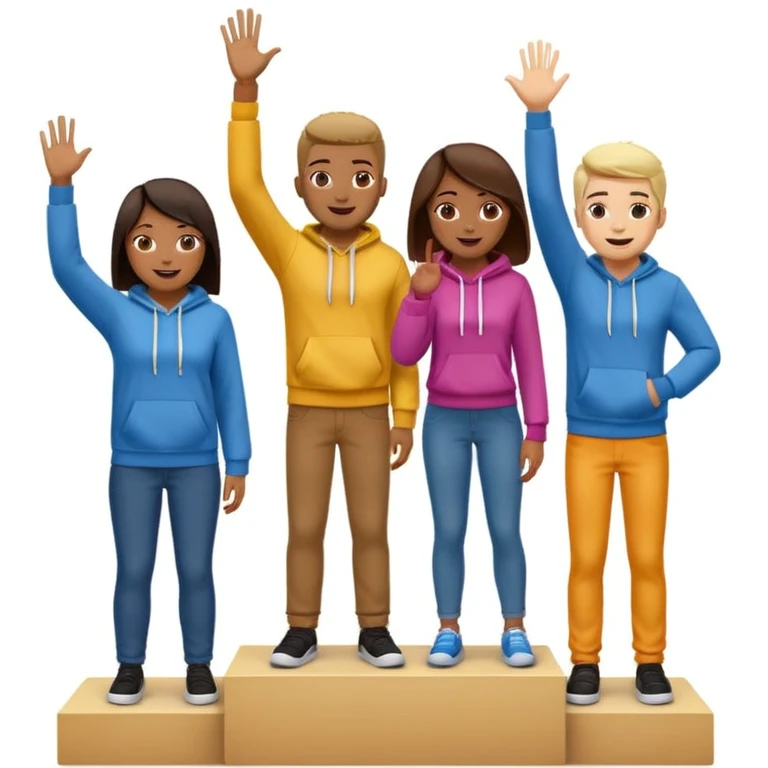 multi-racial men and women standing on a brown winners’ podium with the middle podium position elevated, no numbers, casually dressed in fun colorful jeans, t-shirts, and hoodies, one person giving a high five, excited fun expressive emoji style emoji