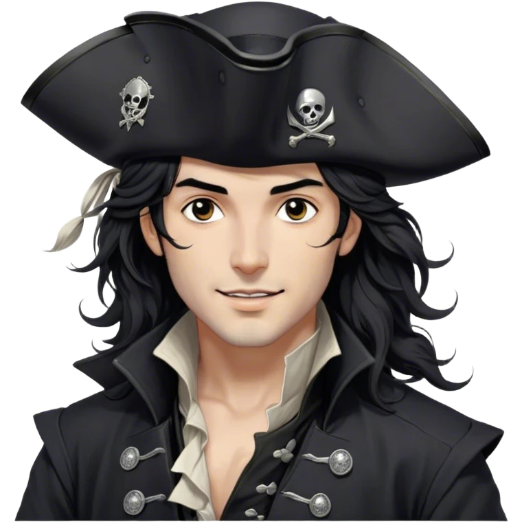 A charismatic pirate with wavy black hair tousled by the breeze. His silver-embroidered tricorn hat casts a shadow. He turns his head slightly, dark eyes glinting with mischief as he looks to the side, a knowing smile on his lips. His black coat, adorned with silver buttons, shifts with the wind emoji