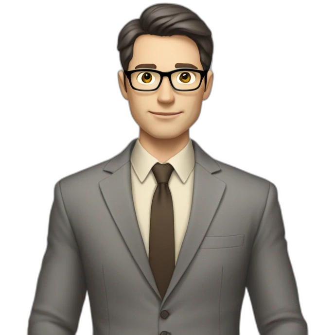 Full height Pale skinned Fit Man With dark brown hair in classic gray suit, beige office shirt, dark gray tie, and vintage glasses. His hands lock emoji