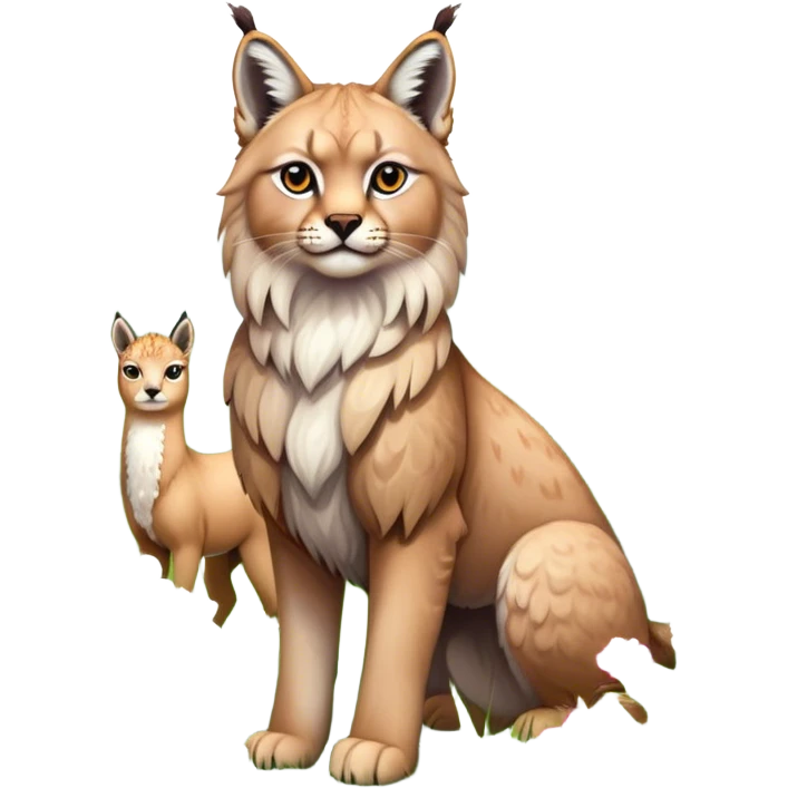 Collage of exotic animals: a lynx with striking eyes, and a fluffy alpaca standing in a lush meadow. The lynx gazes intently while the alpaca looks calm and curious. Surrounded by vibrant plants and flowers. Transparent background for a lively, colorful scene. emoji