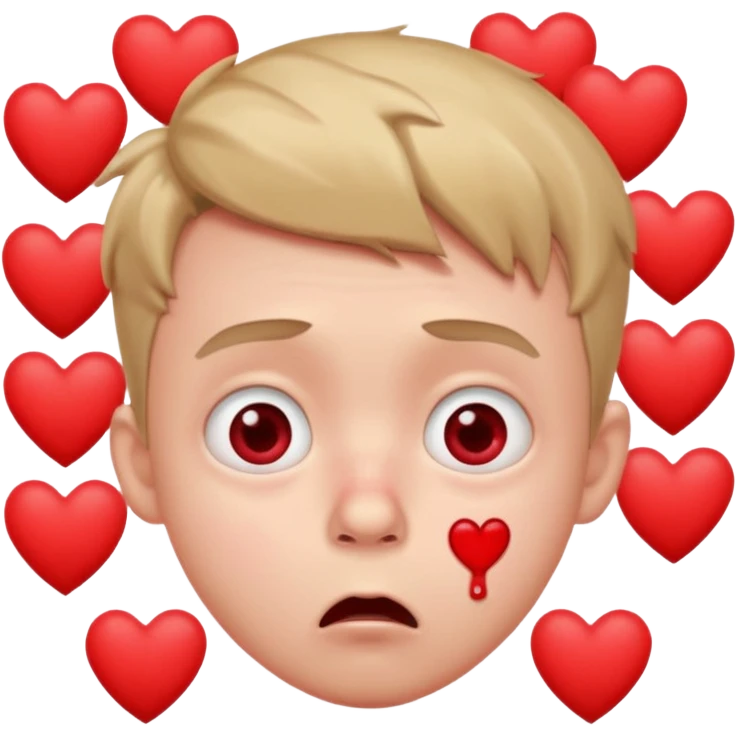 shocked cartoon boy, wide eyes, red nosebleed, blushing cheeks, surrounded by hearts emoji
