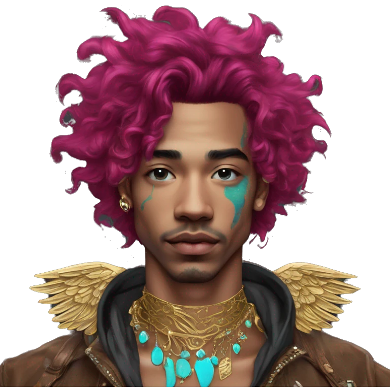 Vintage patina intricate swirls gold jewellery baroque raven wings angel tropical Deep pink maroon burgundy cyan dark hoodie man vitiligo dyed hair gold piercings nose piercing ear piercings emoji