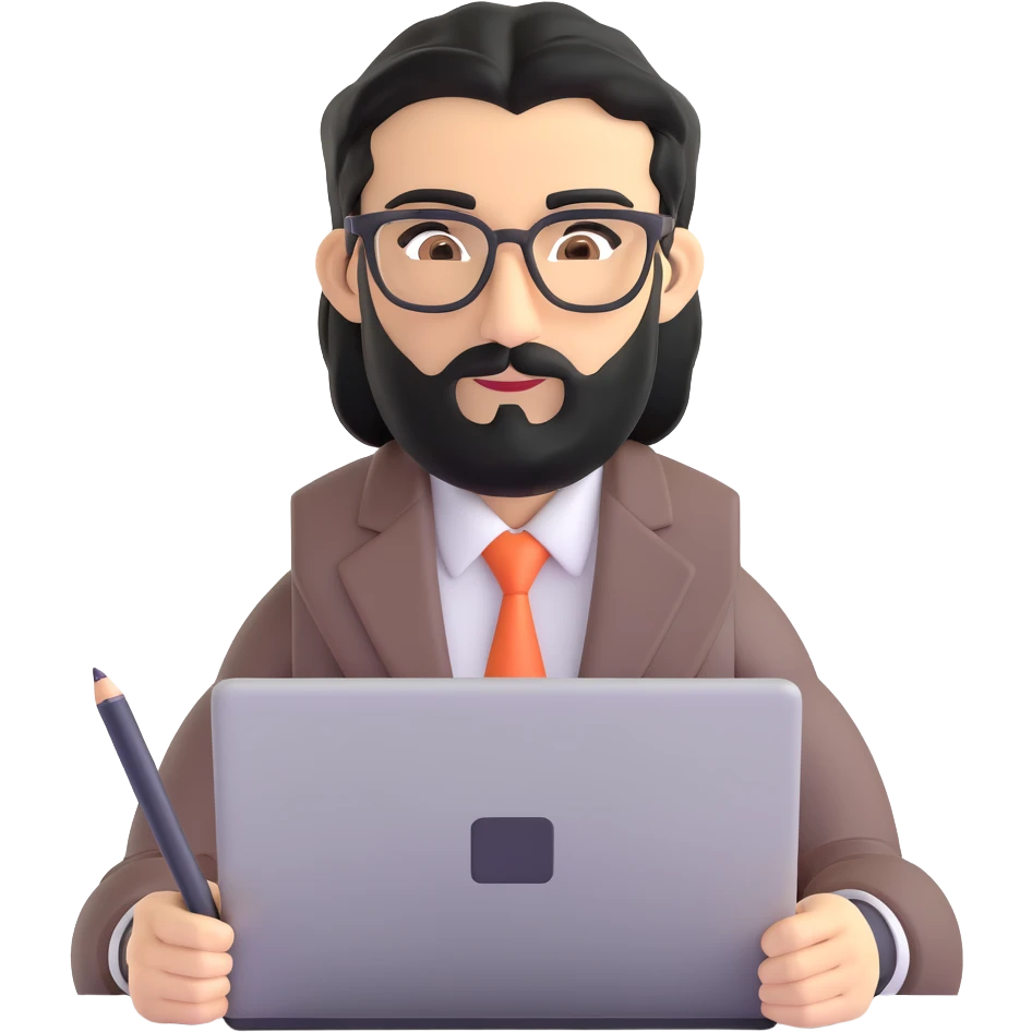 middle eastern businessman with medium length black beard, black hair, thick unibrow, elongated nose, tan skin, brown eyes, glasses, in business casual outfit, working on a notebook computer emoji