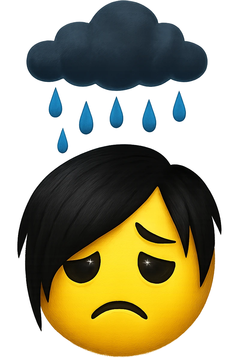 emo emoji, black and blue cloud, raining, no background emoji