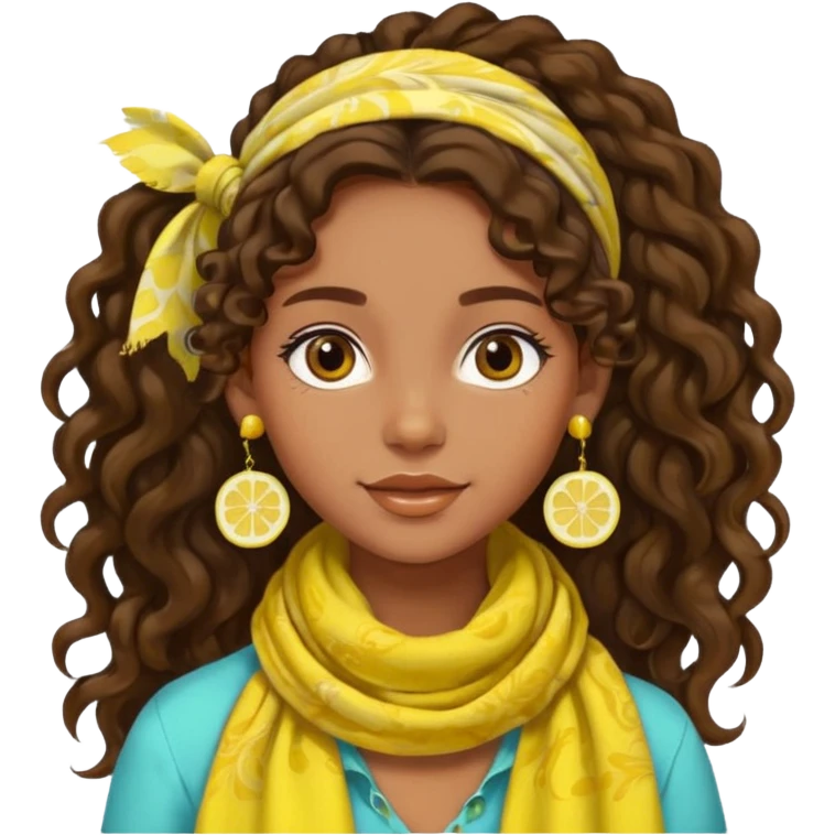 bohemian girl, brown skin, long curly brown hair in a ponytail, lemon yellow scarf, round earrings, free-spirited emoji