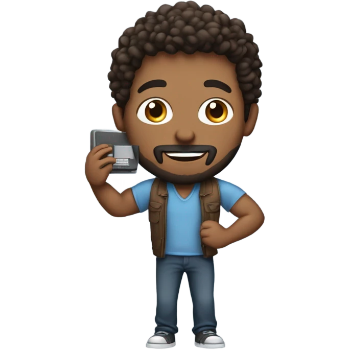 men carrying a computer in his hands. light brown skin men with curly dark brown hair, brown eyes, little grown beard. imposing, bit muscular build. dressed casual. emoji