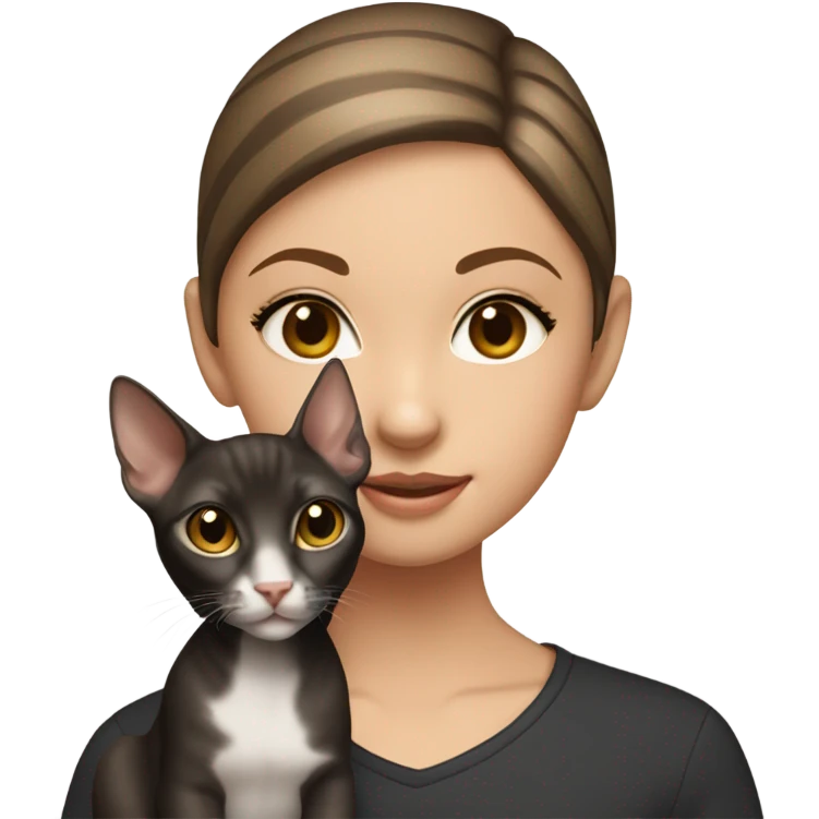 Girl with straight brown hair with cold blond highlights, hazel eyes, eyeliner, holding black oriental shorthair cat emoji