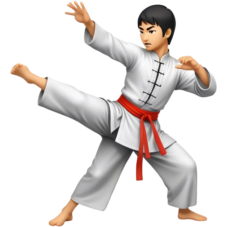 Cinematic Realistic Kung Fu Action Emoji, depicted as an epic martial arts scene with a master executing a precise move in traditional attire, rendered with fluid motion and vibrant textures under dramatic high-contrast lighting. emoji
