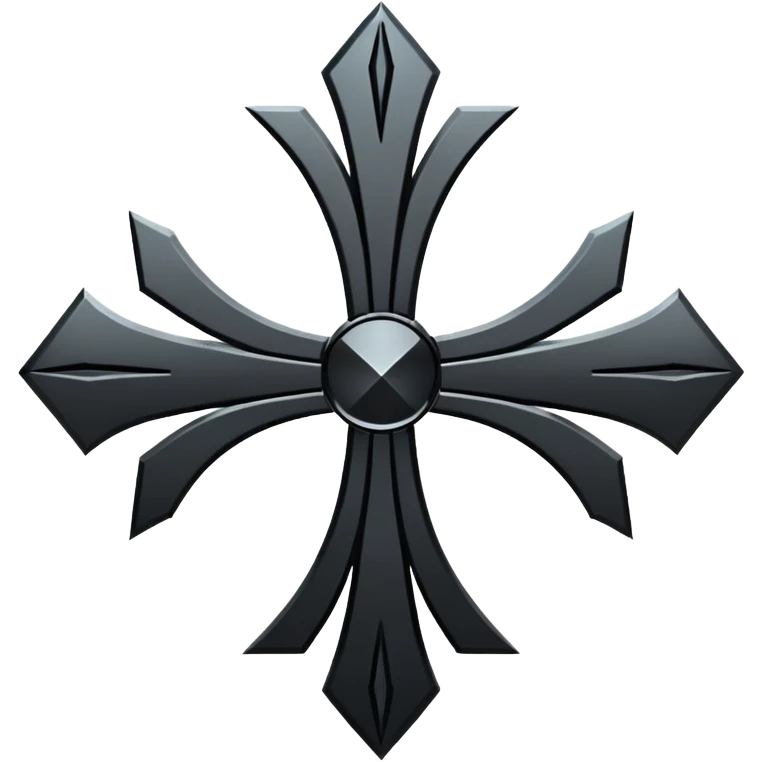 Emoji, dark futuristic cross, symmetrical geometric shape, black metal, gothic cyber aesthetic, minimal flat design, sharp edges, centered, transparent background do not use any other colors but metal and black emoji