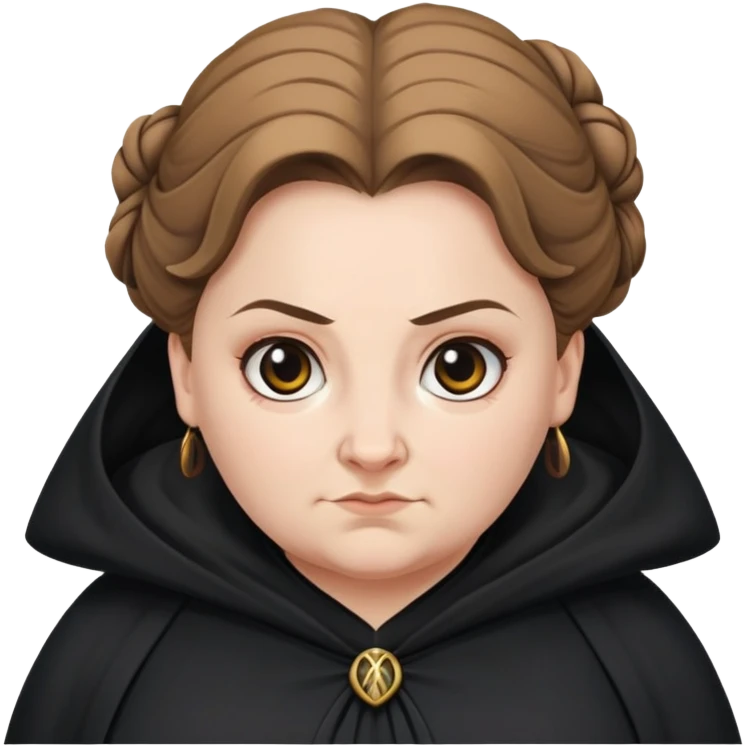 Alecto Carrow in harry potter, a white fat woman , one knot bun light brown hair, look evil, black cloak emoji