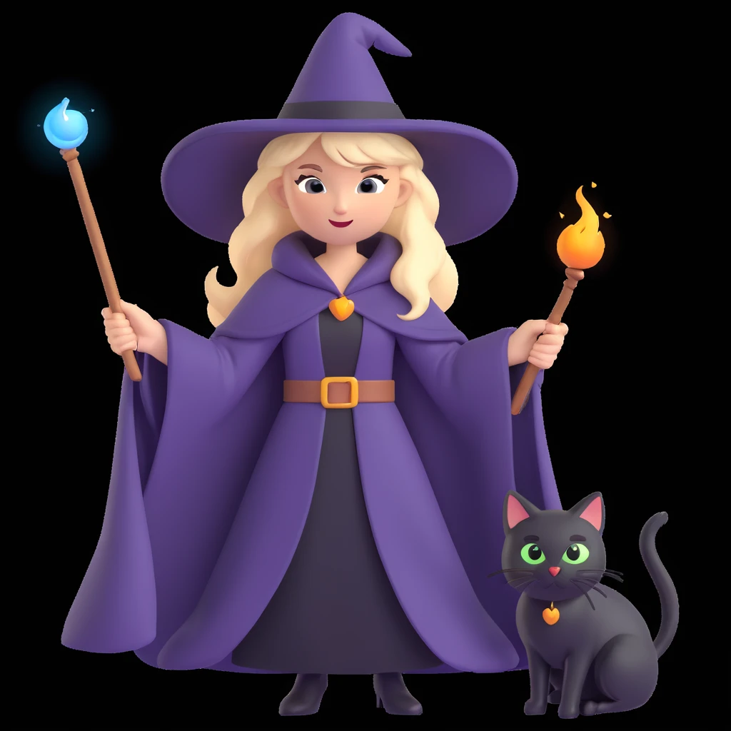 A blonde witch with a black cat, casting a spell emoji