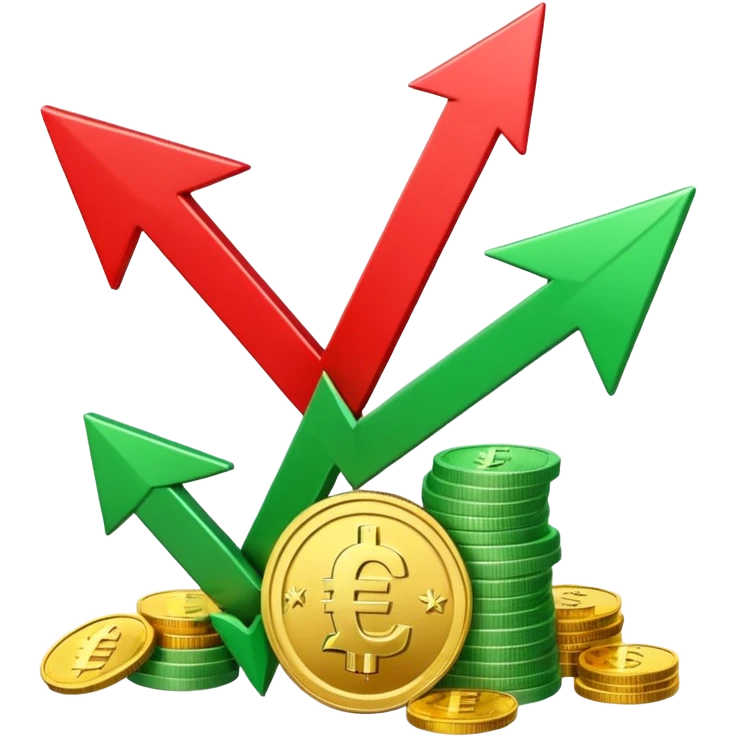 3D euro coins and banknotes stack, green upward arrow and red downward arrow, 
money flowing in and out, gold and silver coins, transparent background, 
emoji style, realistic, balanced composition emoji