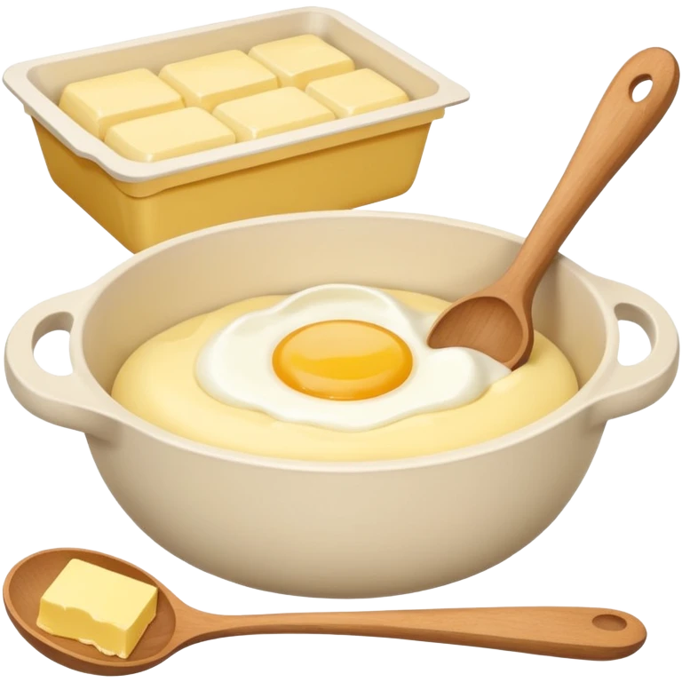 A cream ceramic baking bowl with a wooden spoon in it, a carton of eggs and butter emoji