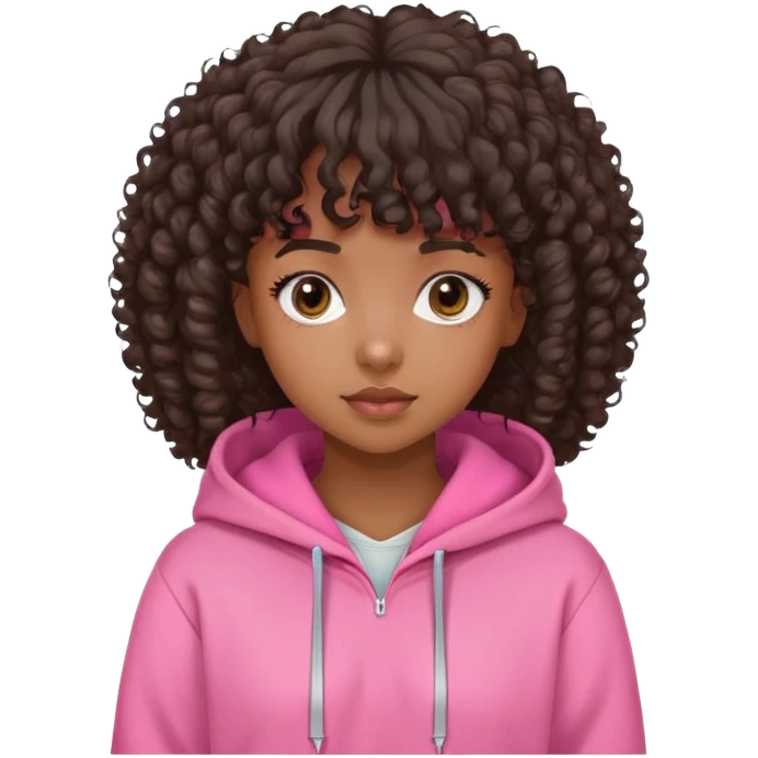 black girl with curly hair with bangs and side part with pink hoodie on  emoji