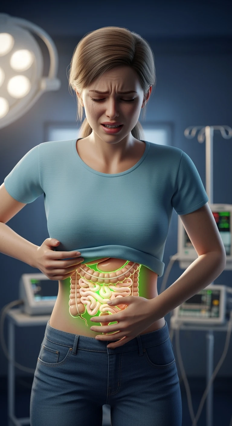 donna stressata con intestino umano anatomico in evidenza, iperrealistica 4k emoji