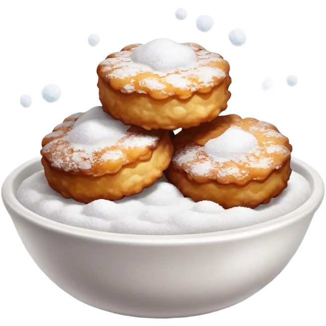 Buñuelo Cinematic Realistic Buñuelo Dessert Emoji, depicted as perfectly round, fluffy fritters served in a small bowl with a dusting of powdered sugar, rendered with vibrant textures and warm, inviting lighting. emoji