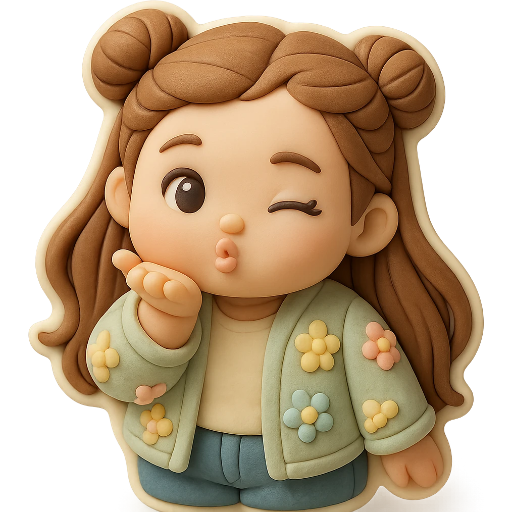 3D chibi fondant cake art style, high-quality rendering with smooth shadows and soft gradients. Girl based on reference image (preserve facial features), long brown hair in two space buns, brown eyes, jeans, pastel floral cardigan, thick white outline like a sticker, transparent background. Blowing a kiss and winking. Make sure her appearance matches previous stickers. emoji