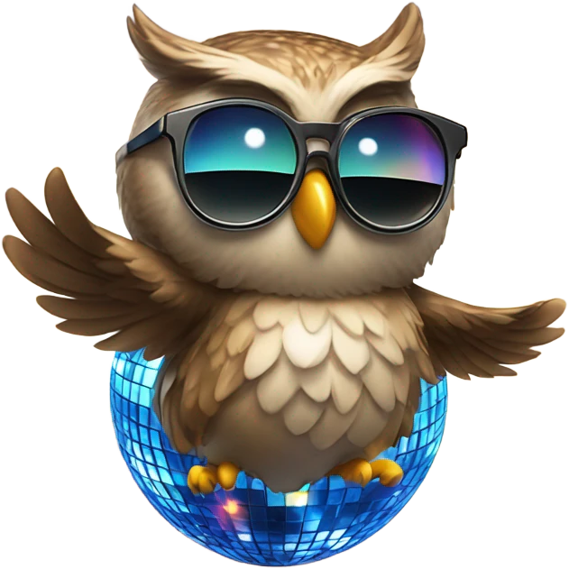 An owl in trendy sunglasses dancing under a disco ball, looking happy. emoji