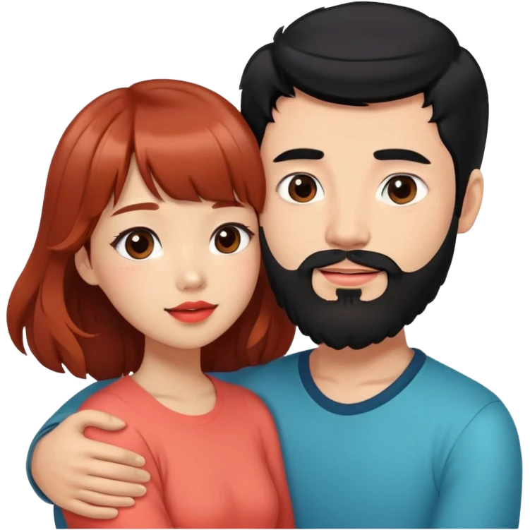 handsome mixed white asian man with black hair and beard, hugging cute tan skin girl with long wavy reddish brown hair with bangs and coral lipstick emoji