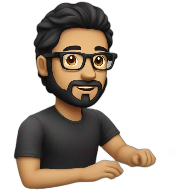 Designer with black hair, beard and glasses working with MacBook and drinking cappuccino  emoji