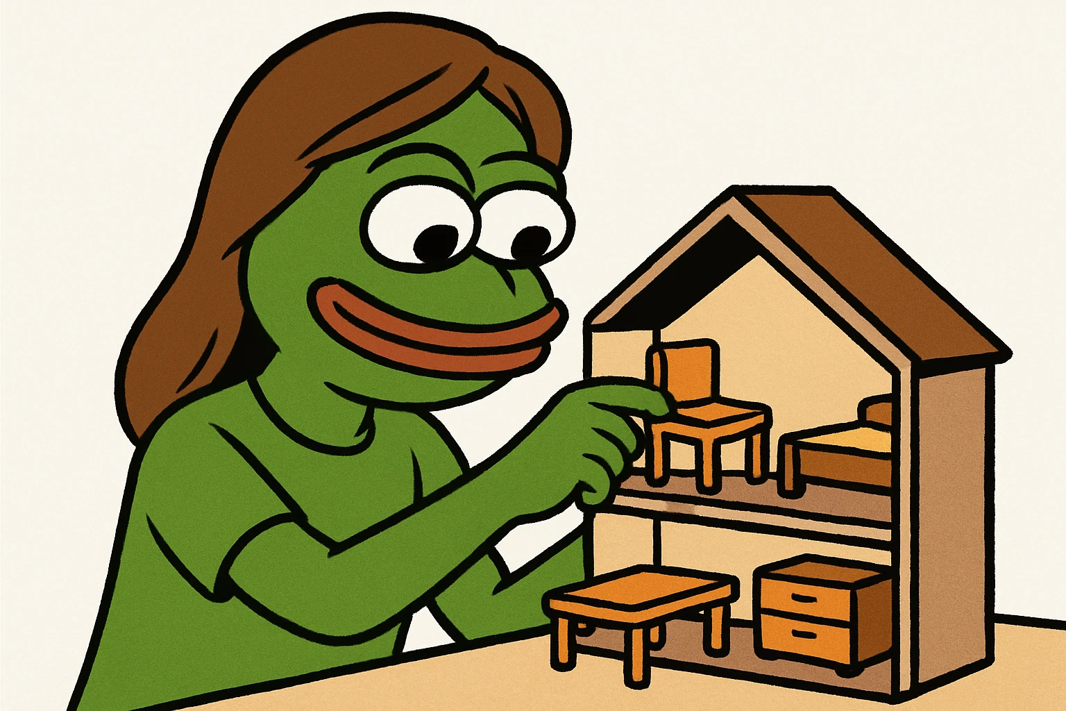 smiling girl arranging furniture in doll house emoji
