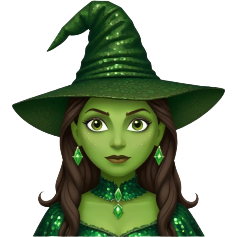 Elphaba, Wicked Witch of the West from The Wizard of Oz with long brown hair, dark green sequin outfit, green skin emoji