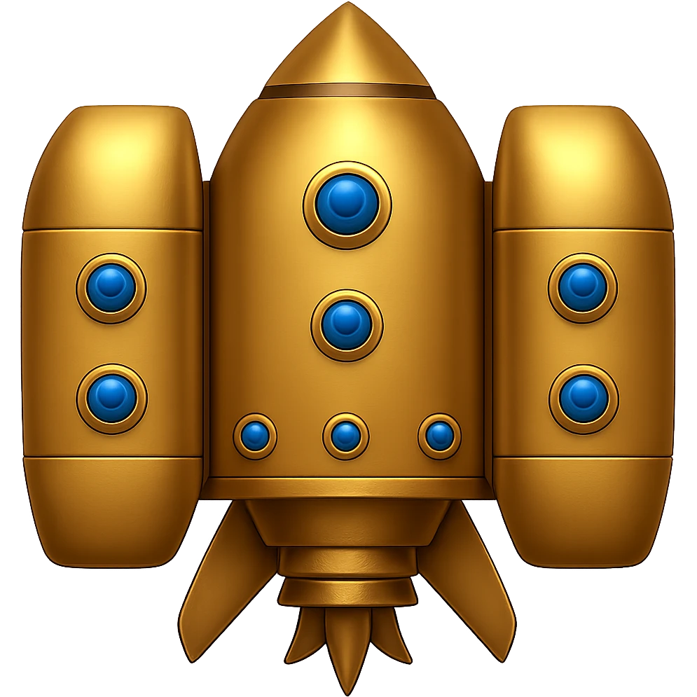 Make the wing rockets even wider, gold ancient wide jetpack with gemstone inlays, back view, no fire, in the style of apple emojis, with no background. emoji