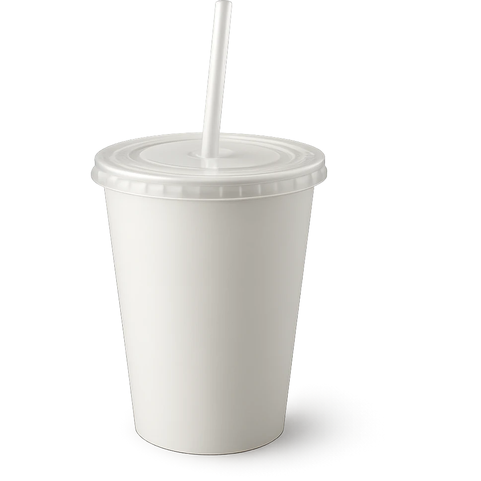plain white soda cup with a plastic lid and straw, fast food style emoji