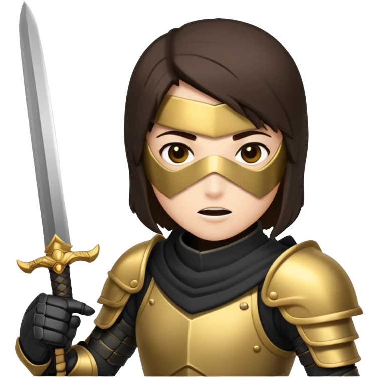 Brunette sword fighting assassin with a mouth cover and black and gold armour emoji