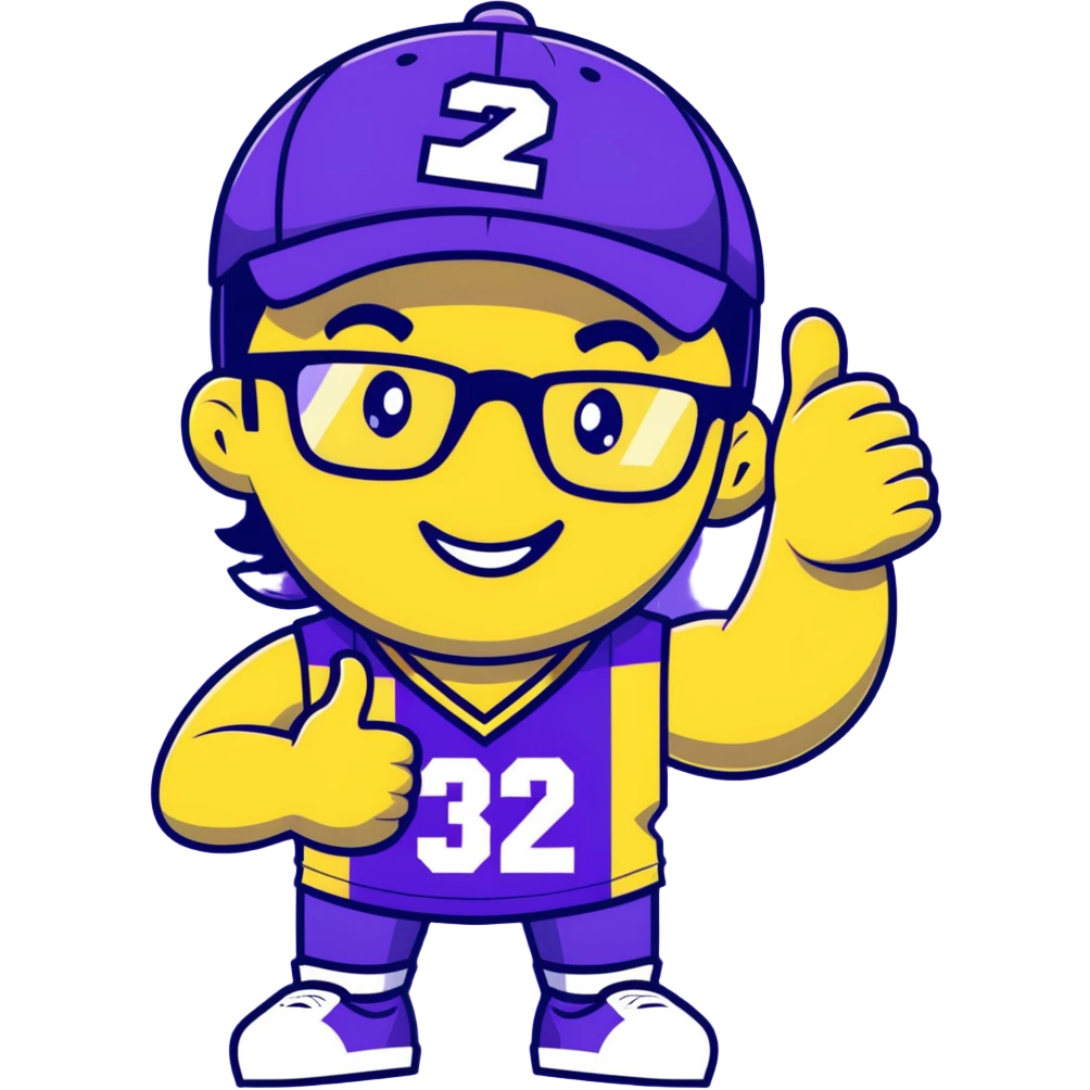 Man with black and white cap, purple sports jersey with number 32, glasses, mullet hairstyle, thumbs up gesture emoji