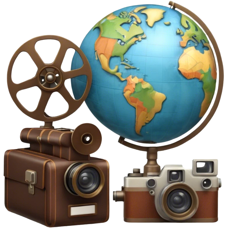 Icon for Documentary Film: A vintage movie poster-style design featuring a film reel, camera, and a globe, symbolizing exploration and learning. Include elements like books, a notebook, and historical or natural icons to represent informative storytelling. Transparent background. emoji