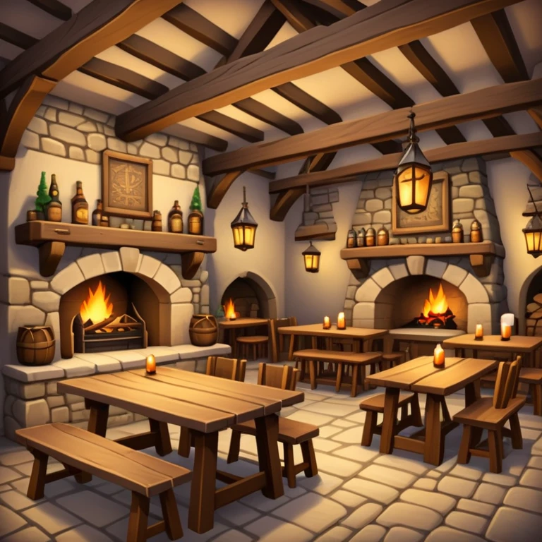 cozy medieval fantasy tavern with wooden beams, fireplace, and tables where adventurers gather emoji