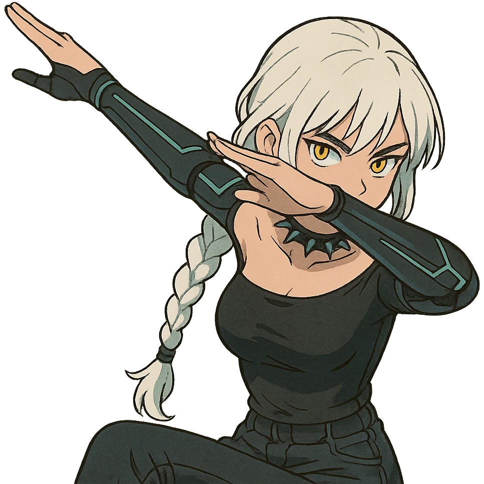 she is dabbing, a closeup portrait of young woman with gold yellow eyes, white hair, long braid, black off-shoulder top d-cup, punk gothic style, futuristic cyberwave cyberpunk, sitting position emoji