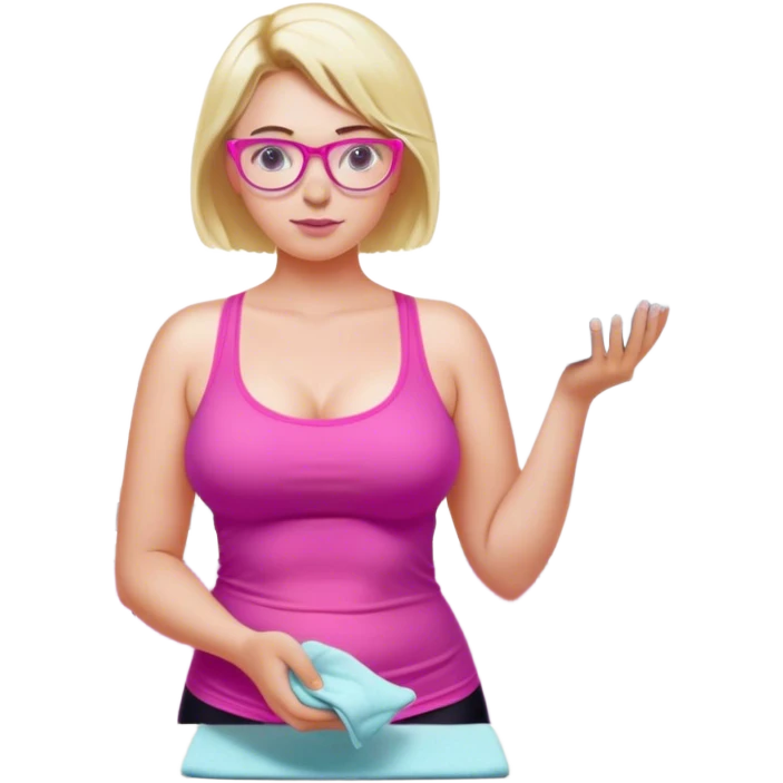 Curvy fair skinned woman, freckled skin, short blond hair, small light purple reading glasses, washing dishes, short flowing sheer hot pink tank top, without undergarments SFW, black yoga pants, thick booty emoji