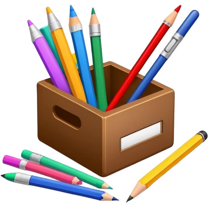 small box of teaching supplies with a pencil, ruler, and markers sticking out emoji