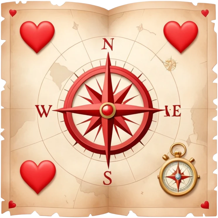 Folded cartography map with compass rose and scale, featuring red hearts as relationship markers and different symbols representing other meaningful life experiences, soft ethereal coloring emoji
