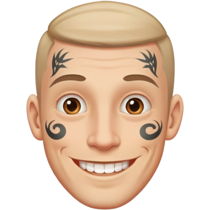 white man with small face tattoo, smiling emoji