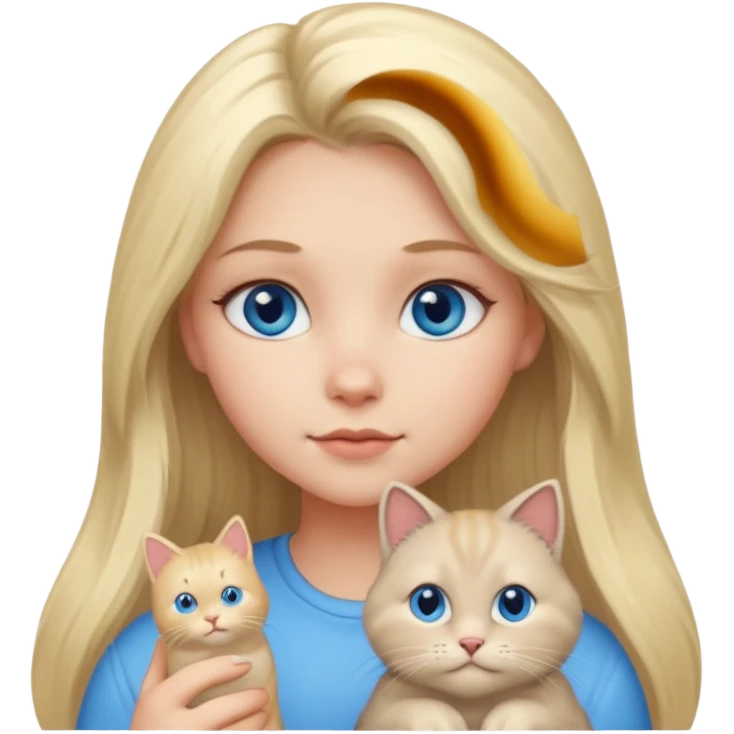 blonde girl with long blonde hair and blue eyes with chubby gray cat emoji