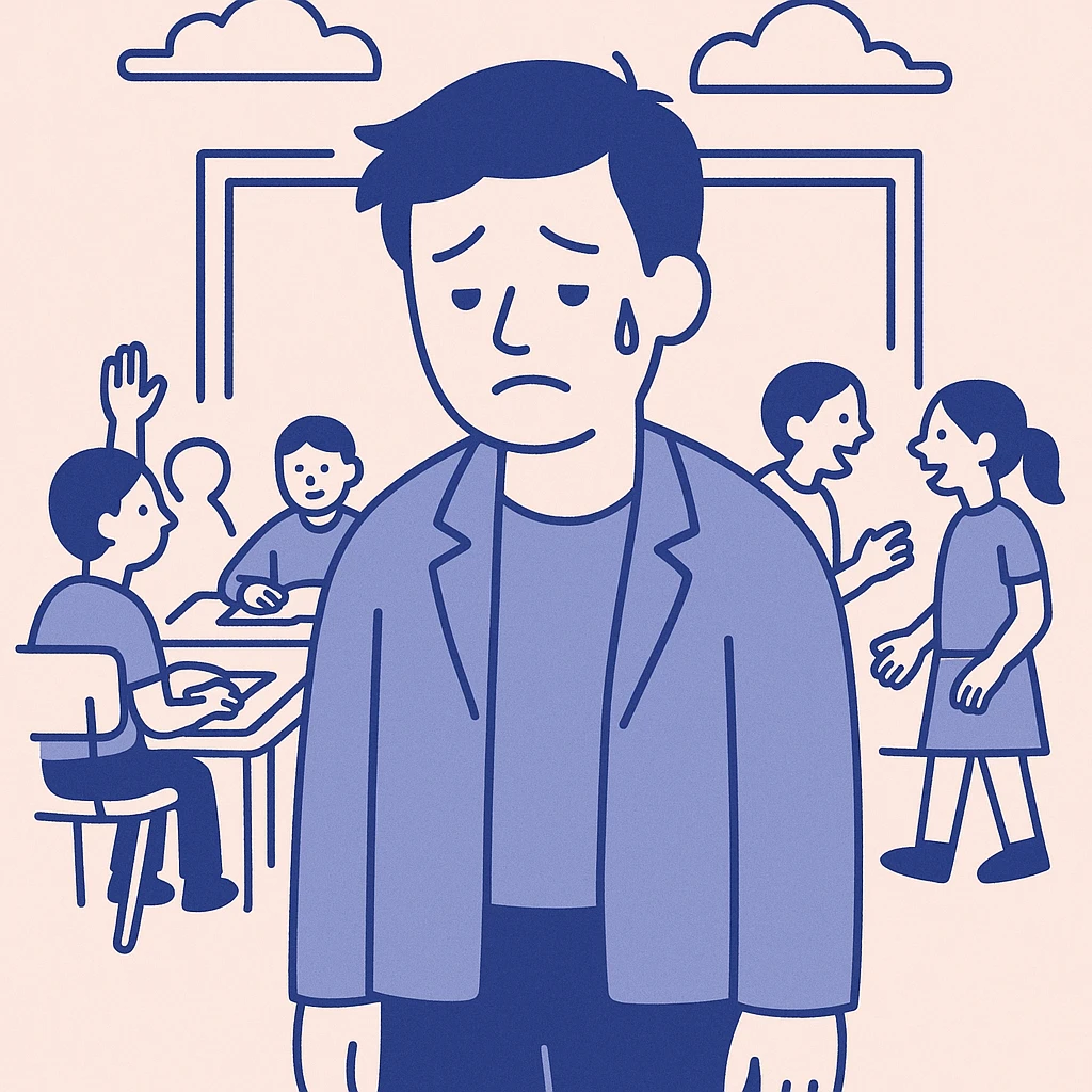 exhausted teacher in a bustling classroom emoji