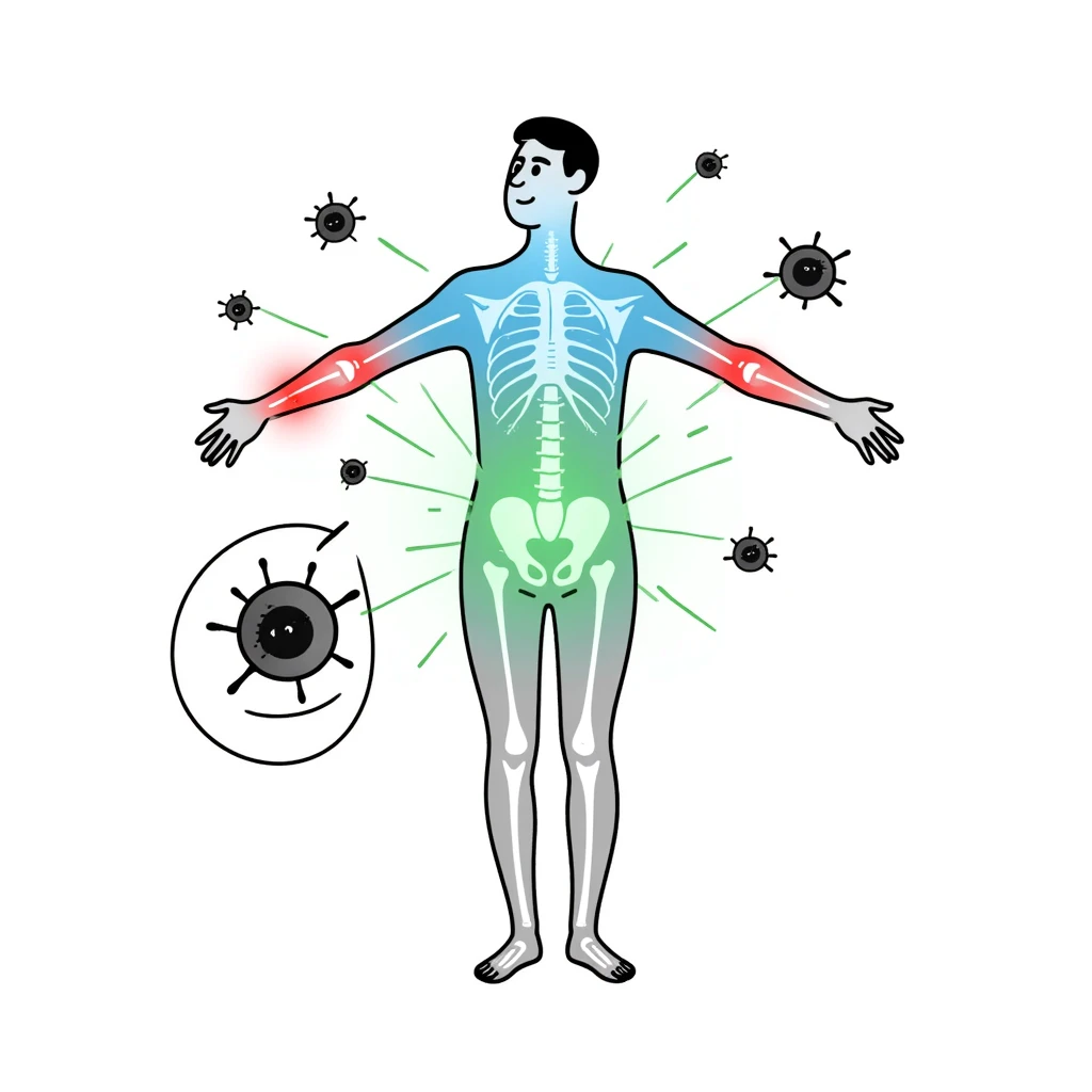 Conceptual medical illustration showing anti-inflammatory process: human body outline with glowing joints, blue and green healing energy radiating, red inflammation areas being neutralized, small view of calming immune cells, clean clinical aesthetic with futuristic medical background emoji